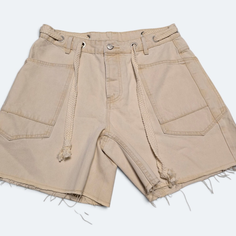 Aaron & Amber Womens M Tan Denim Shorts Braided Rope Belt Frayed Hem